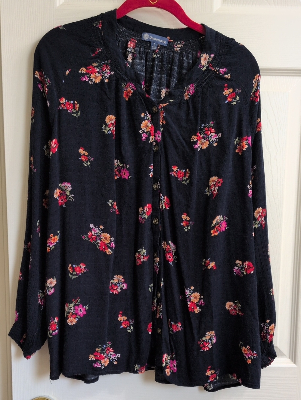 Democracy Navy Floral Button-Front Shirt with Pink and Coral Accents,Large